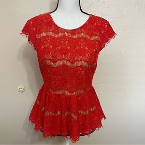 Maeve Anthropologie Katrine Red Lace Peplum Cap Sleeve Blouse Women’s Size Small